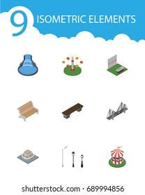 Isometric City Set Of Aiming Game, Garden Decor, Street Lanterns And Other Vector Objects. Also Includes Waterfall, Flowers, Bench Elements.