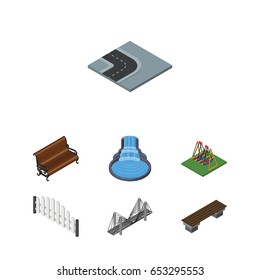 Isometric City Set Of Barricade, Bench, Garden Decor And Other Vector Objects. Also Includes Fountain, Wooden, Path Elements.