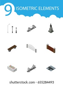 Isometric City Set Of Barricade, Bridge, Bench And Other Vector Objects. Also Includes Park, Lanterns, Bench Elements.