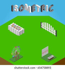 Isometric City Set Of Barricade, Recreation, Aiming Game And Other Vector Objects. Also Includes Fence, Decoration, Attraction Elements.