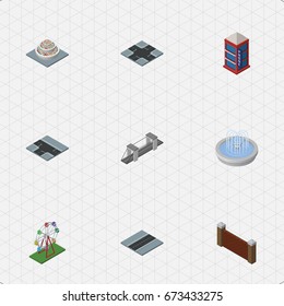 Isometric City Set Of Barrier, Phone Box, Recreation And Other Vector Objects. Also Includes Attraction, Water, Telephone Elements.