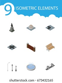 Isometric City Set Of Barrier, Street Lanterns, Seat And Other Vector Objects. Also Includes Sculpture, Brick, Monument Elements.