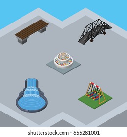 Isometric City Set Of Bench, Garden Decor, Seesaw And Other Vector Objects. Also Includes Plants, Seesaw, Seat Elements.