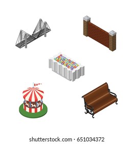 Isometric City Set Of Bridge, Barrier, Sitting And Other Vector Objects. Also Includes Brick, Carousel, Flower Elements.