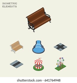 Isometric City Set Of Carousel, Seat, Recreation And Other Vector Objects. Also Includes Ferris, Road, Crossroad Elements.
