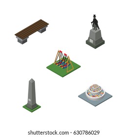 Isometric City Set Of Dc Memorial, Seesaw, Plants And Other Vector Objects. Also Includes Decoration, Seat, Sculpture Elements.