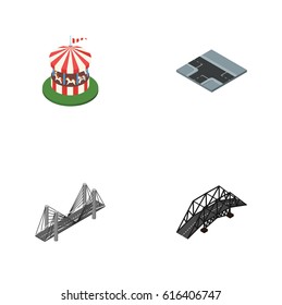Isometric City Set Of Expressway, Carousel, Crossroad And Other Vector Objects. 