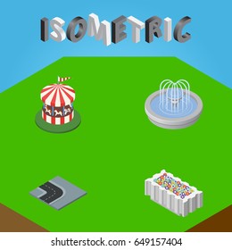 Isometric City Set Of Flower Decoration, Turning Road, Carousel And Other Vector Objects. Also Includes Road, Flower, Carousel Elements.