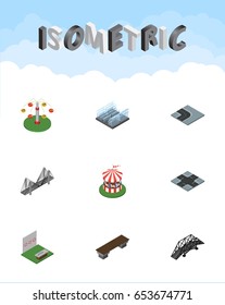 Isometric City Set Of Fountain, Intersection, Expressway And Other Vector Objects. Also Includes Turn, Horses, Path Elements.