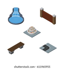 Isometric City Set Of Garden Decor, Plants, Bench And Other Vector Objects. Also Includes Flowers, Barrier, Road Elements.