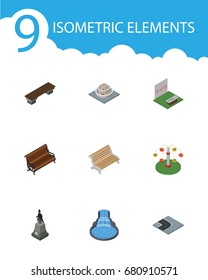 Isometric City Set Of Garden Decor, Bench, Sculpture And Other Vector Objects. Also Includes Statue, Monument, Waterfall Elements.