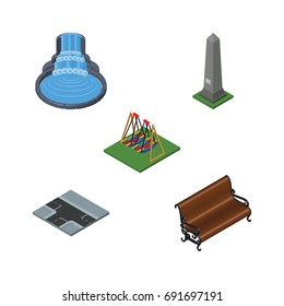 Isometric City Set Of Garden Decor, Crossroad, Dc Memorial And Other Vector Objects. Also Includes Seat, Crossroad, Seesaw Elements.