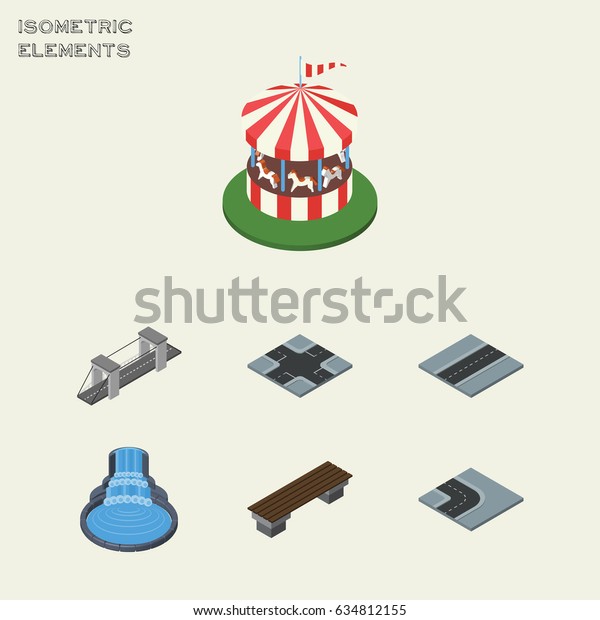 Isometric City Set Of Garden Decor, Turning\
Road, Carousel And Other Vector Objects. Also Includes Bridge,\
Road, Path Elements.