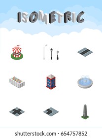 Isometric City Set Of Intersection, Carousel, Phone Box And Other Vector Objects. Also Includes Flower, Dc, Path Elements.