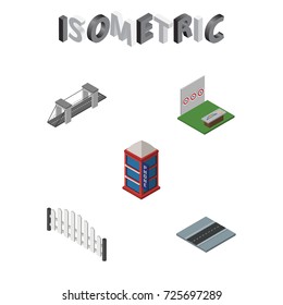 Isometric City Set Of Path, Barricade, Phone Box And Other Vector Objects. Also Includes Archery, Bridge, Suspension Elements.