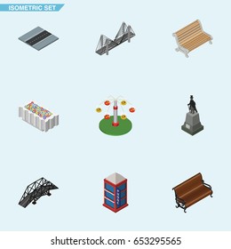 Isometric City Set Of Phone Box, Bridge, Swing Attraction And Other Vector Objects. Also Includes Path, Statue, Way Elements.