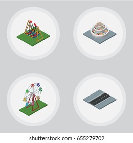 Isometric City Set Of Plants, Seesaw, Path And Other Vector Objects. Also Includes Attraction, Decoration, Flowers Elements.