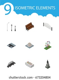 Isometric City Set Of Plants, Sitting, Recreation And Other Vector Objects. Also Includes Flower, Statue, Flowers Elements.