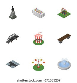 Isometric City Set Of Seesaw, Flower Decoration, Carousel And Other Vector Objects. Also Includes Plants, Seesaw, Flower Elements.