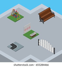 Isometric City Set Of Seesaw, Turning Road, Barricade And Other Vector Objects. Also Includes Park, Turn, Fence Elements.