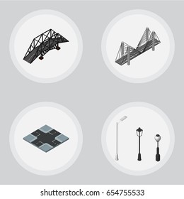 Isometric City Set Of Street Lanterns, Intersection, Bridge And Other Vector Objects. Also Includes Suspension, Crossroad, Road Elements.