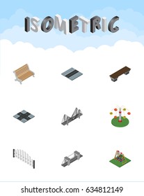 Isometric City Set Of Swing Attraction, Path, Seat And Other Vector Objects. Also Includes Seesaw, Bench, Park Elements.