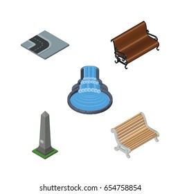 Isometric City Set Of Turning Road, Sitting, Garden Decor And Other Vector Objects. Also Includes Turn, Path, Dc Elements.
