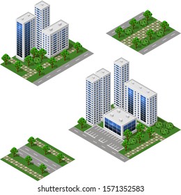 Isometric city set. Urban landscape 3d elements to design cityscape. Big modern buildings, street, trees, town garden. Isolated modules. Vector illustration