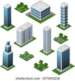 Isometric city set. Urban landscape 3d elements to design cityscape. Big modern buildings, street, trees, town garden. Isolated modules. Vector illustration