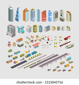 ISOMETRIC CITY SET VECTOR. BUILDING, HOUSES, ROAD, TRANSPORTATION, EDITABLE ELEMENT - VECTOR