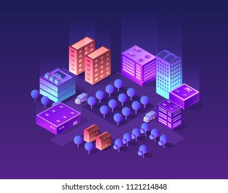Isometric city set of violet colors 3d building modern town street, urban road architecture. Ultraviolet illustration map of isometry for the business design concept.
