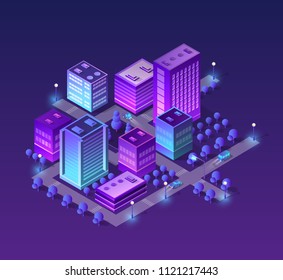 Isometric city set of violet colors 3d building modern town street, urban road architecture. Ultraviolet illustration map of isometry for the business design concept.