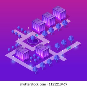 Isometric city set of violet colors 3d building modern town street, urban road architecture. Ultraviolet illustration map of isometry for the business design concept.