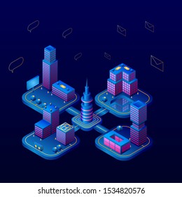 Isometric city set of violet colors 3d building modern town street, urban road architecture. Ultraviolet illustration map of isometry for the business design concept.