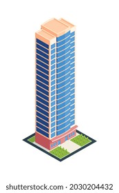 Composición de rascacielos urbanos isométricos con imagen aislada de arquitectura urbana moderna edificio alto sobre fondo en blanco ilustración vectorial