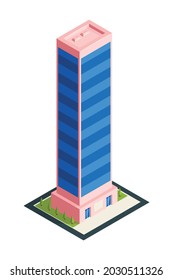 Isometric city skyscraper composition with isolated image of modern urban architecture tall building on blank background vector illustration