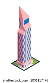 Isometric City Skyscraper Composition With Isolated Image Of Modern Urban Architecture Tall Building On Blank Background Vector Illustration