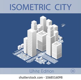 The isometric city with skyscraper from urban building vector architecture. Modern white illustration for design and business shape background