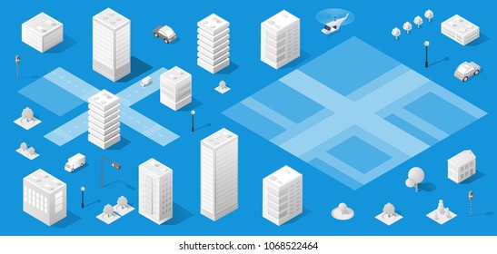 The isometric city with skyscraper from urban building vector architecture. Modern white illustration for design and business shape background