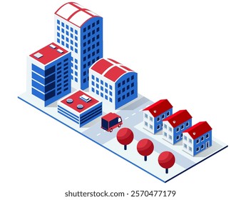 Isometric city with skyscrapers, houses, and a delivery truck driving on a street, representing urban development, logistics, and modern infrastructure