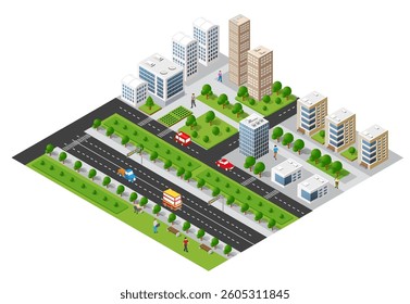 Isometric city with skyscrapers, offices, roads, cars, buses, trees, and people enjoying urban life
