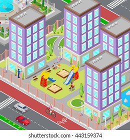 Isometric City Sleeping Dormitory Area. Modern Yard with Houses and Playground. Vector illustration
