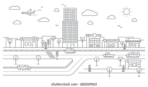 Isometric City Street Landscape View with Buildings, Roads, Trees, Cars and Walking People. Minimal Flat Line Outline Stroke Icon Illustration.