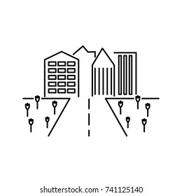 Isometric City Street Landscape View with Buildings, Roads, Trees, Cars and Walking People. Minimal Flat Line Outline Stroke Icon Illustration on white background