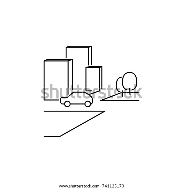 Isometric City Street Landscape View\
with Buildings, Roads, Trees, Cars and Walking People. Minimal Flat\
Line Outline Stroke Icon Illustration on white\
background