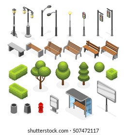 Isometric City Street Outdoor Objects Vector Set