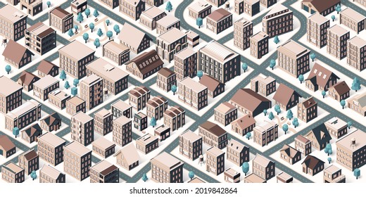 Isometric city street. Town buildings, park with benches and city road vector illustration