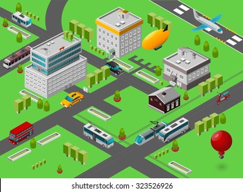 Isometric city street view with public transport symbols vector illustration
