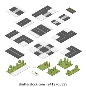 Isometric city streets elements, road modules design. Lawn and park parts, crossroad. Isolated town public zones, map constructor flawless vector set