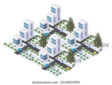 Isometric city with streets, roads, cars, pedestrians, trees, skyscrapers, buildings, decorated christmas trees on new year's eve covered with snow